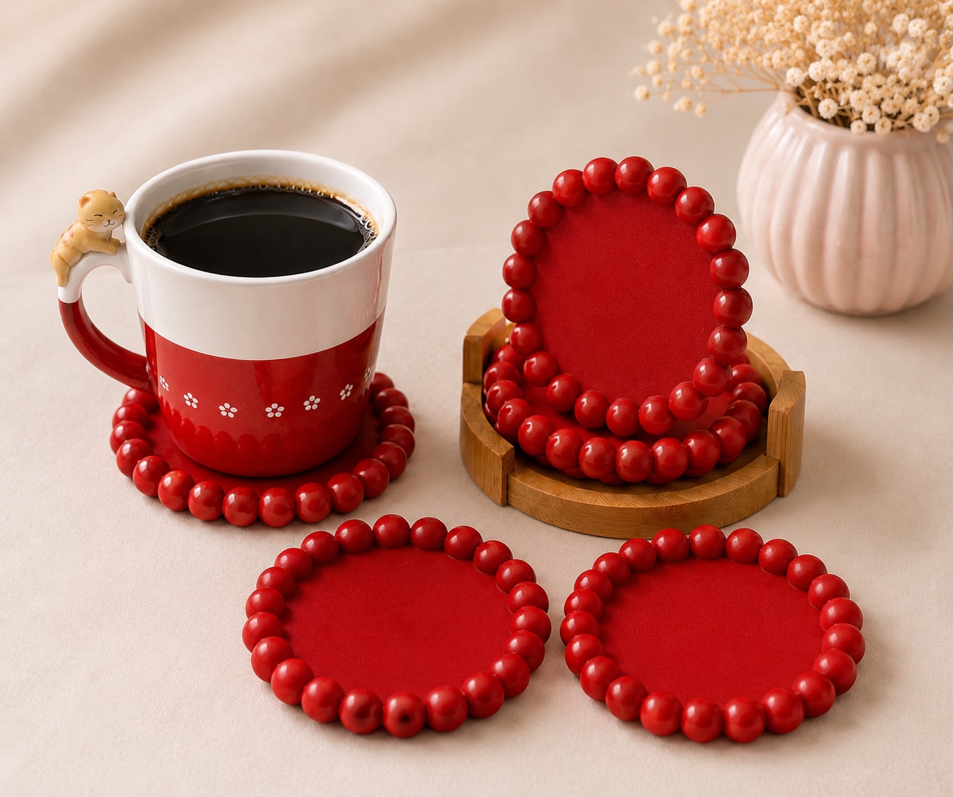 Decorative Beaded Coaster Set with Holder | Modern Drink Coasters for Coffee Table and desk