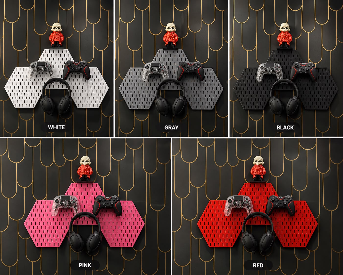 Modular Hexagon Pegboard Desk Organizer Set with Free Controller Hook & Headphone Holder | 3D Printed Workspace Organizer