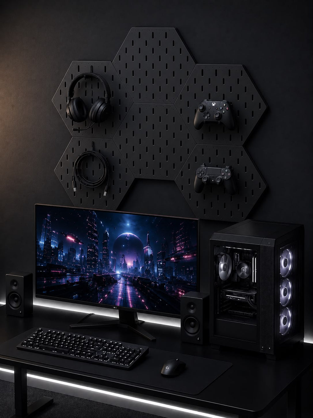 Modular Hexagon Pegboard Desk Organizer Set with Free Controller Hook & Headphone Holder | 3D Printed Workspace Organizer