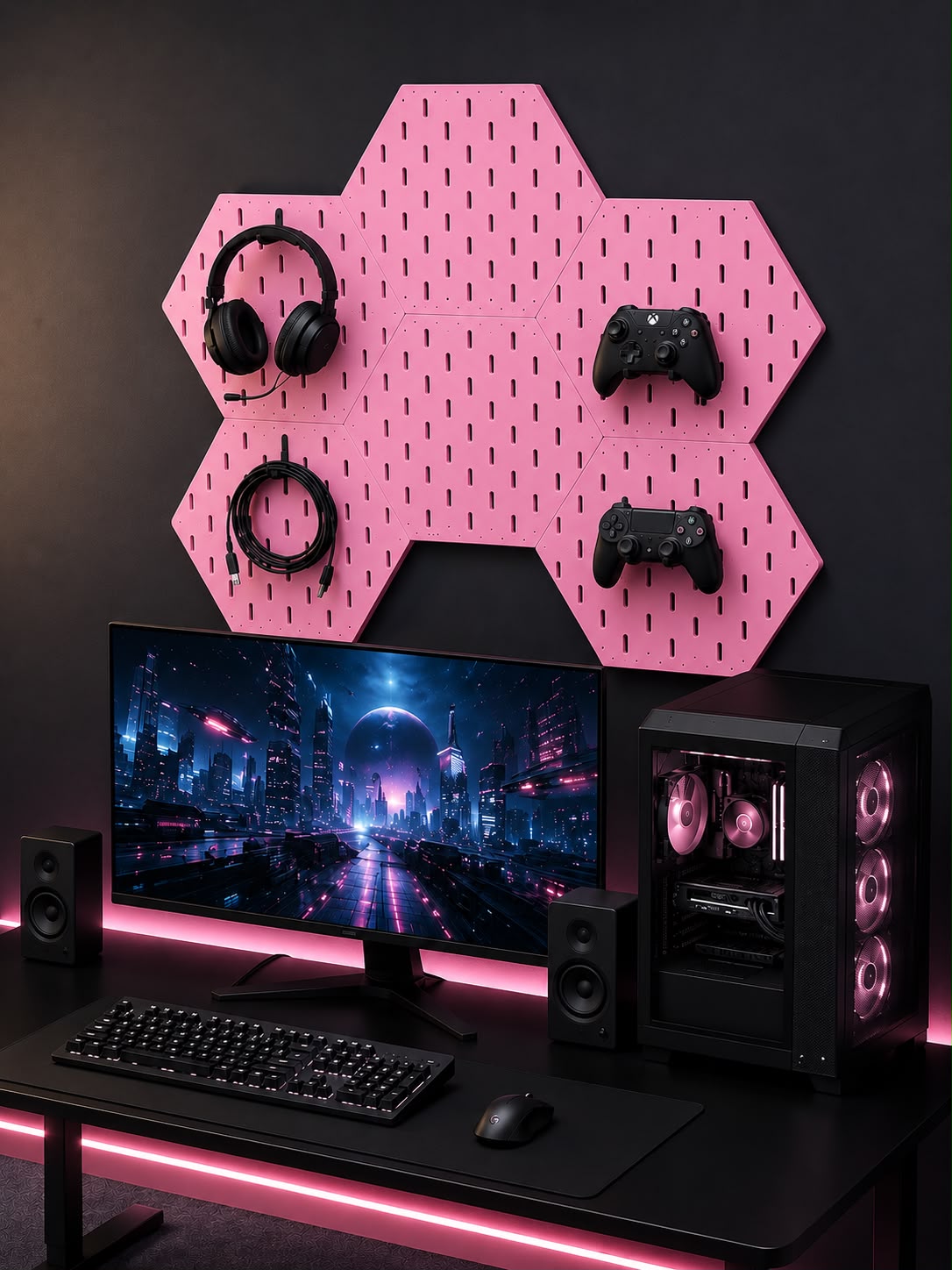 Modular Hexagon Pegboard Desk Organizer Set with Free Controller Hook & Headphone Holder | 3D Printed Workspace Organizer