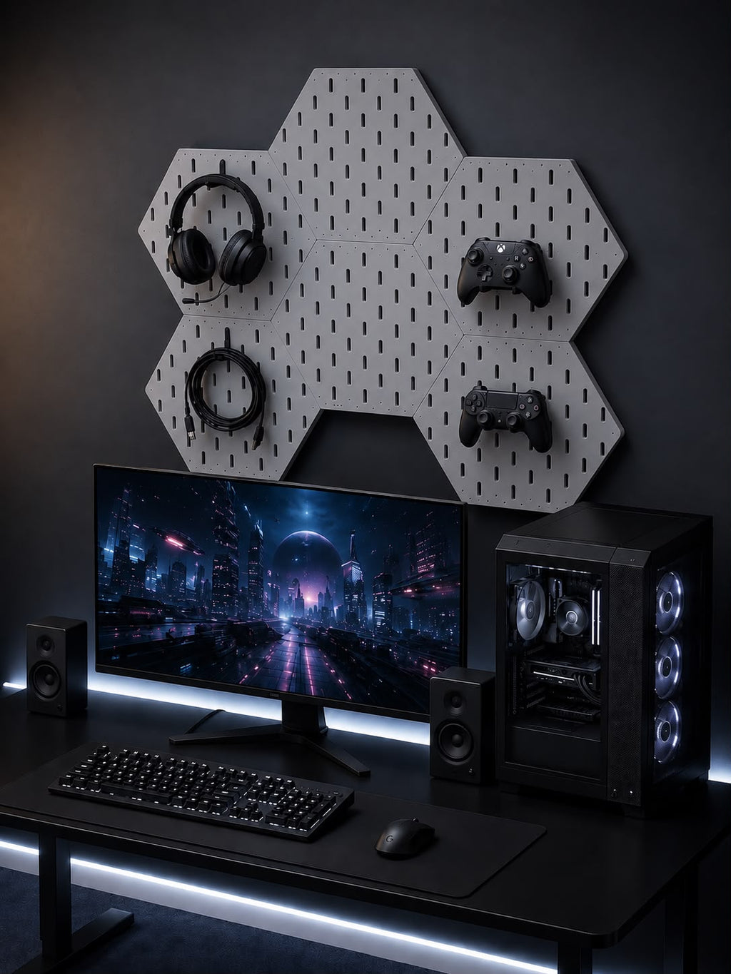 Modular Hexagon Pegboard Desk Organizer Set with Free Controller Hook & Headphone Holder | 3D Printed Workspace Organizer
