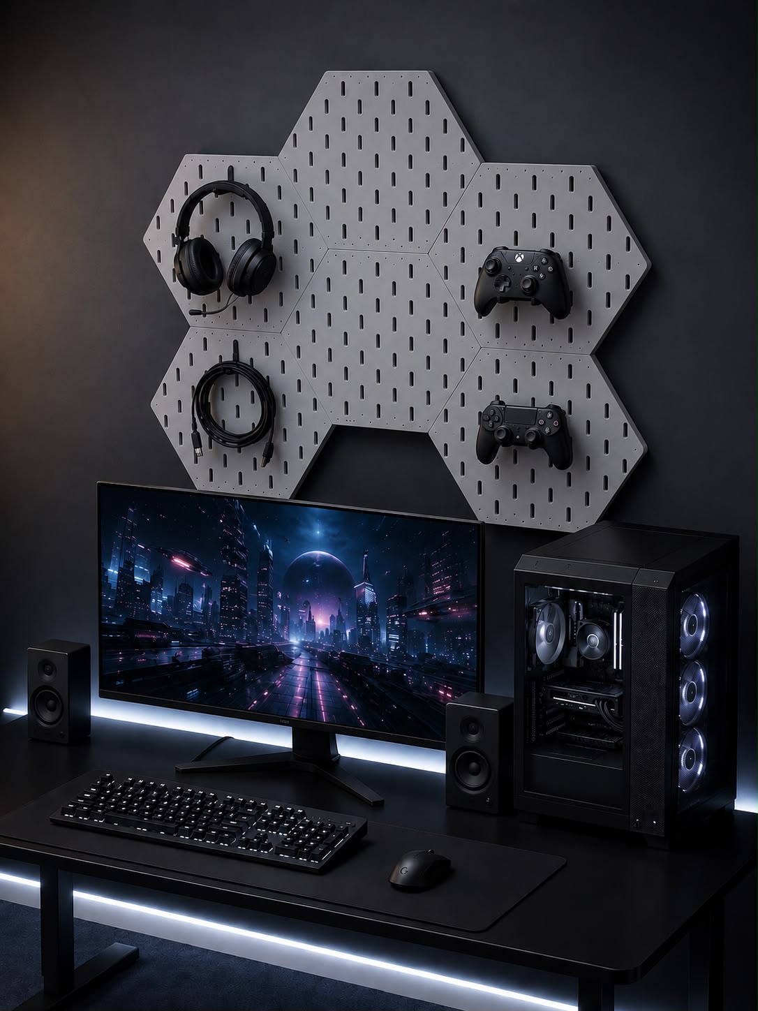 Modular Hexagon Pegboard Desk Organizer Set with Free Controller Hook & Headphone Holder | 3D Printed Workspace Organizer