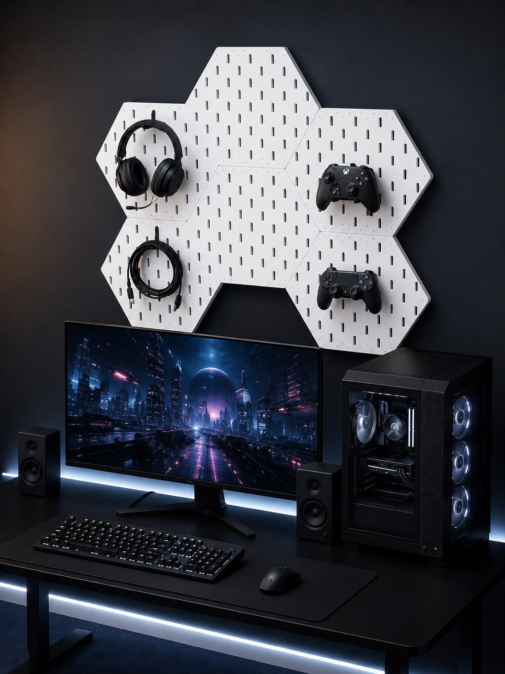 Modular Hexagon Pegboard Desk Organizer Set with Free Controller Hook & Headphone Holder | 3D Printed Workspace Organizer