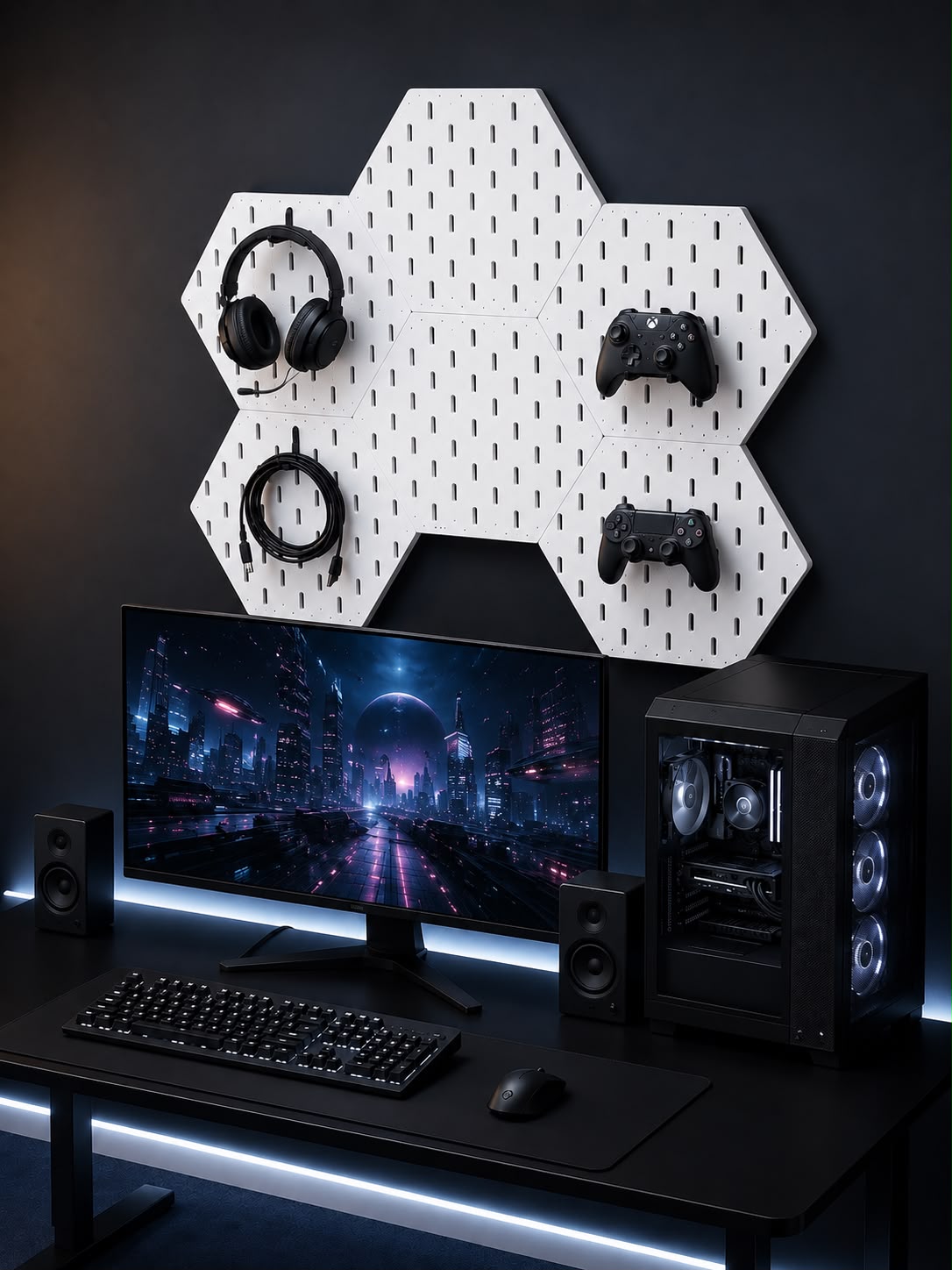 Modular Hexagon Pegboard Desk Organizer Set with Free Controller Hook & Headphone Holder | 3D Printed Workspace Organizer