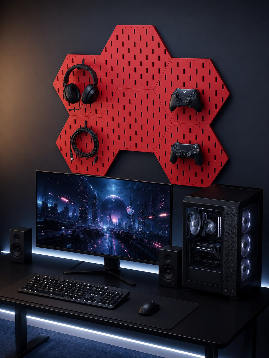 Modular Hexagon Pegboard Desk Organizer Set with Free Controller Hook & Headphone Holder | 3D Printed Workspace Organizer