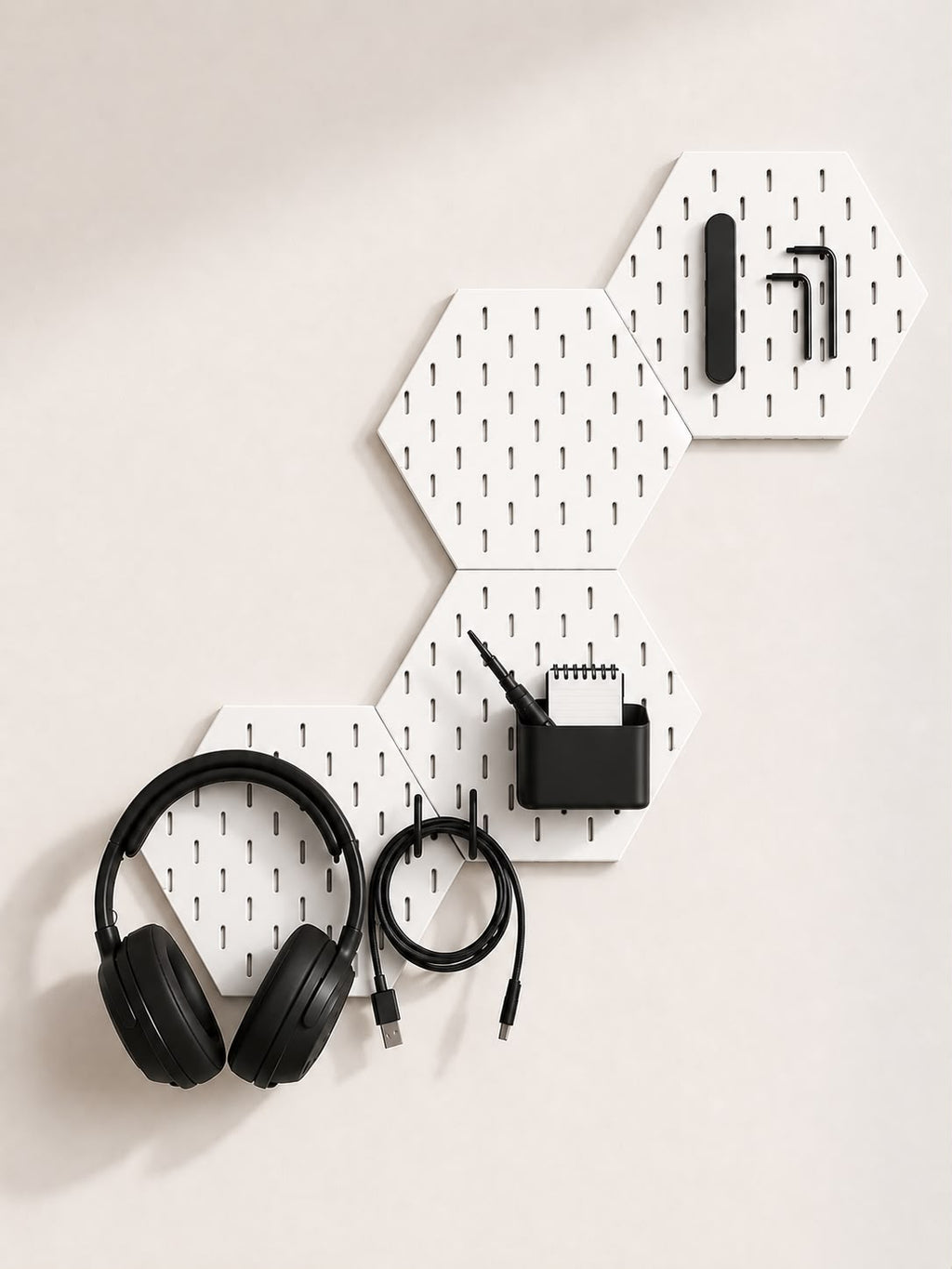 Modular Hexagon Pegboard Desk Organizer Set with Free Controller Hook & Headphone Holder | 3D Printed Workspace Organizer