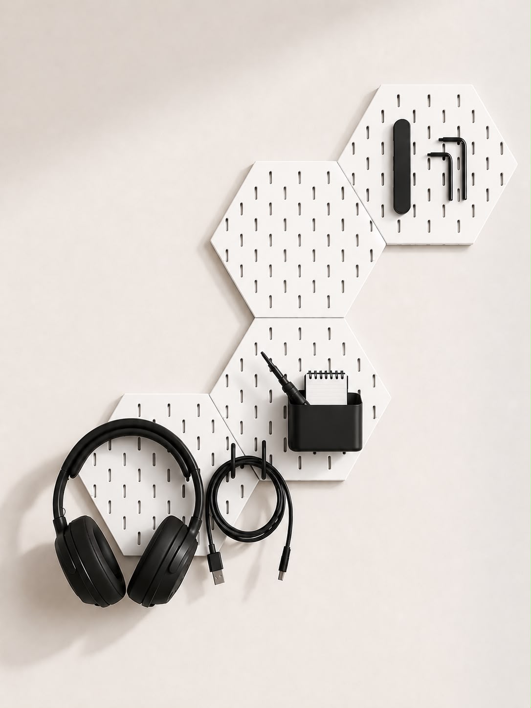 Modular Hexagon Pegboard Desk Organizer Set with Free Controller Hook & Headphone Holder | 3D Printed Workspace Organizer
