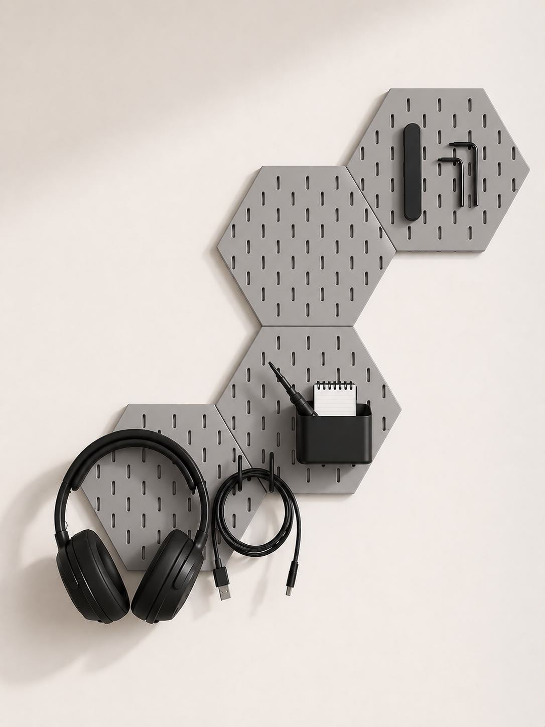 Modular Hexagon Pegboard Desk Organizer Set with Free Controller Hook & Headphone Holder | 3D Printed Workspace Organizer