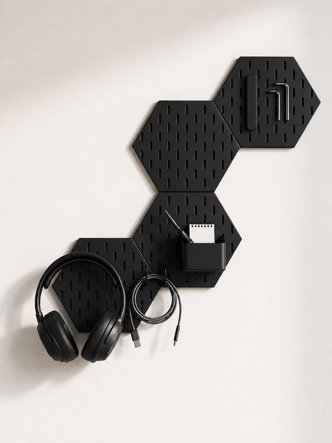 Modular Hexagon Pegboard Desk Organizer Set with Free Controller Hook & Headphone Holder | 3D Printed Workspace Organizer