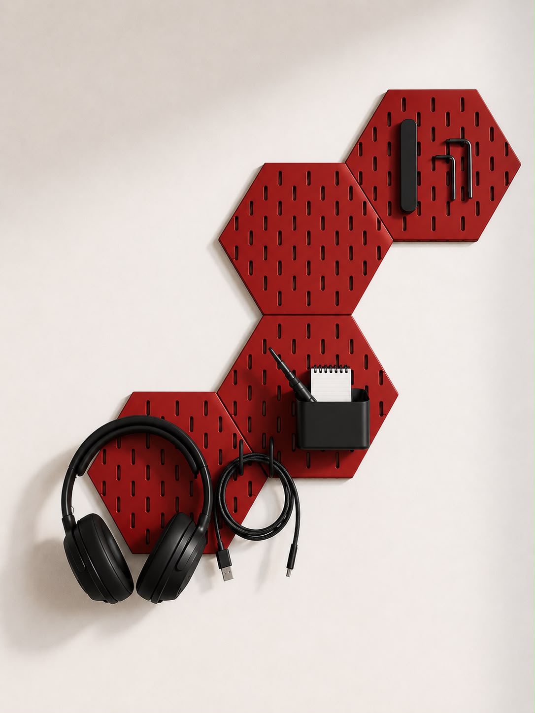 Modular Hexagon Pegboard Desk Organizer Set with Free Controller Hook & Headphone Holder | 3D Printed Workspace Organizer