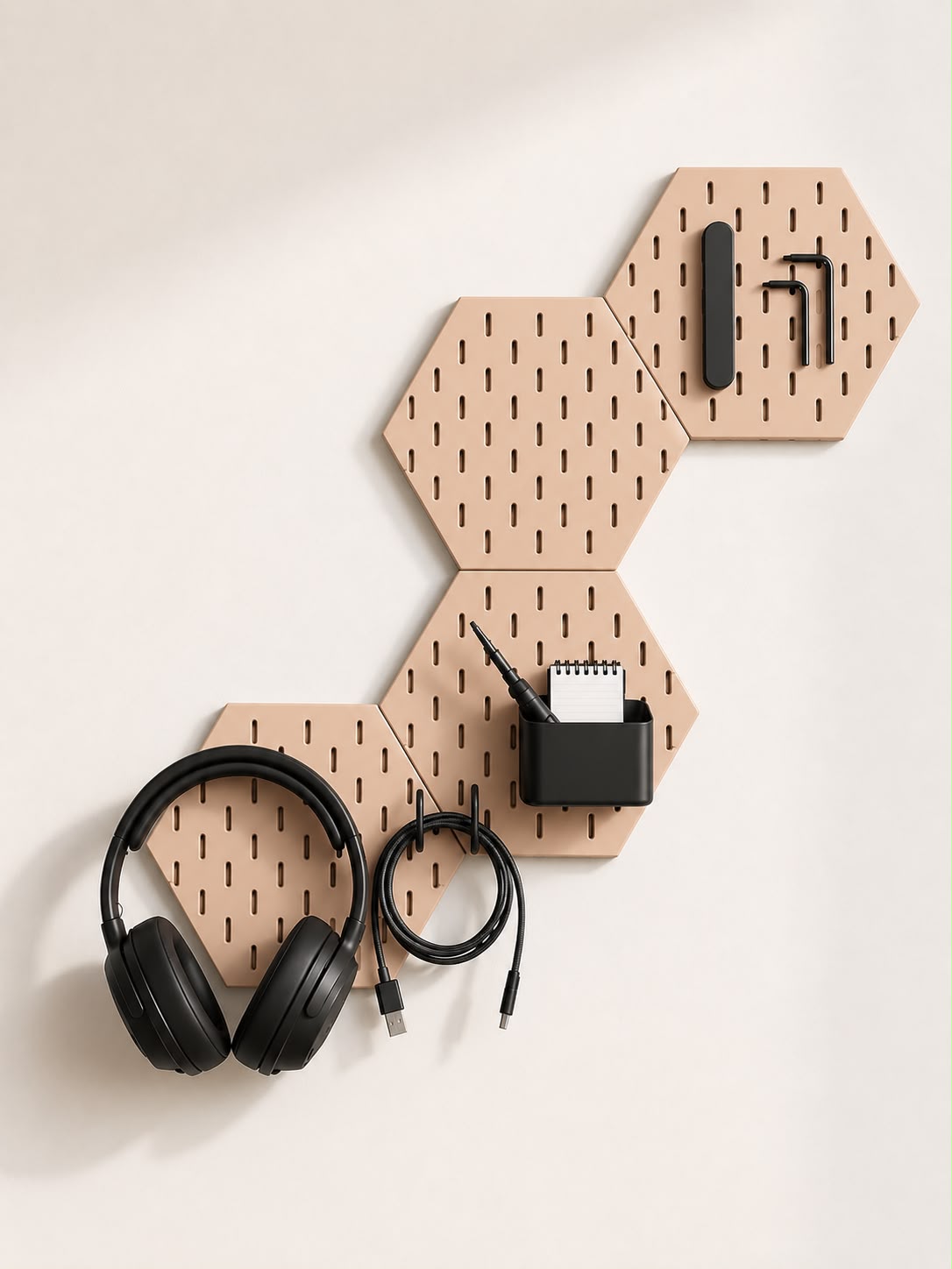 Modular Hexagon Pegboard Desk Organizer Set with Free Controller Hook & Headphone Holder | 3D Printed Workspace Organizer
