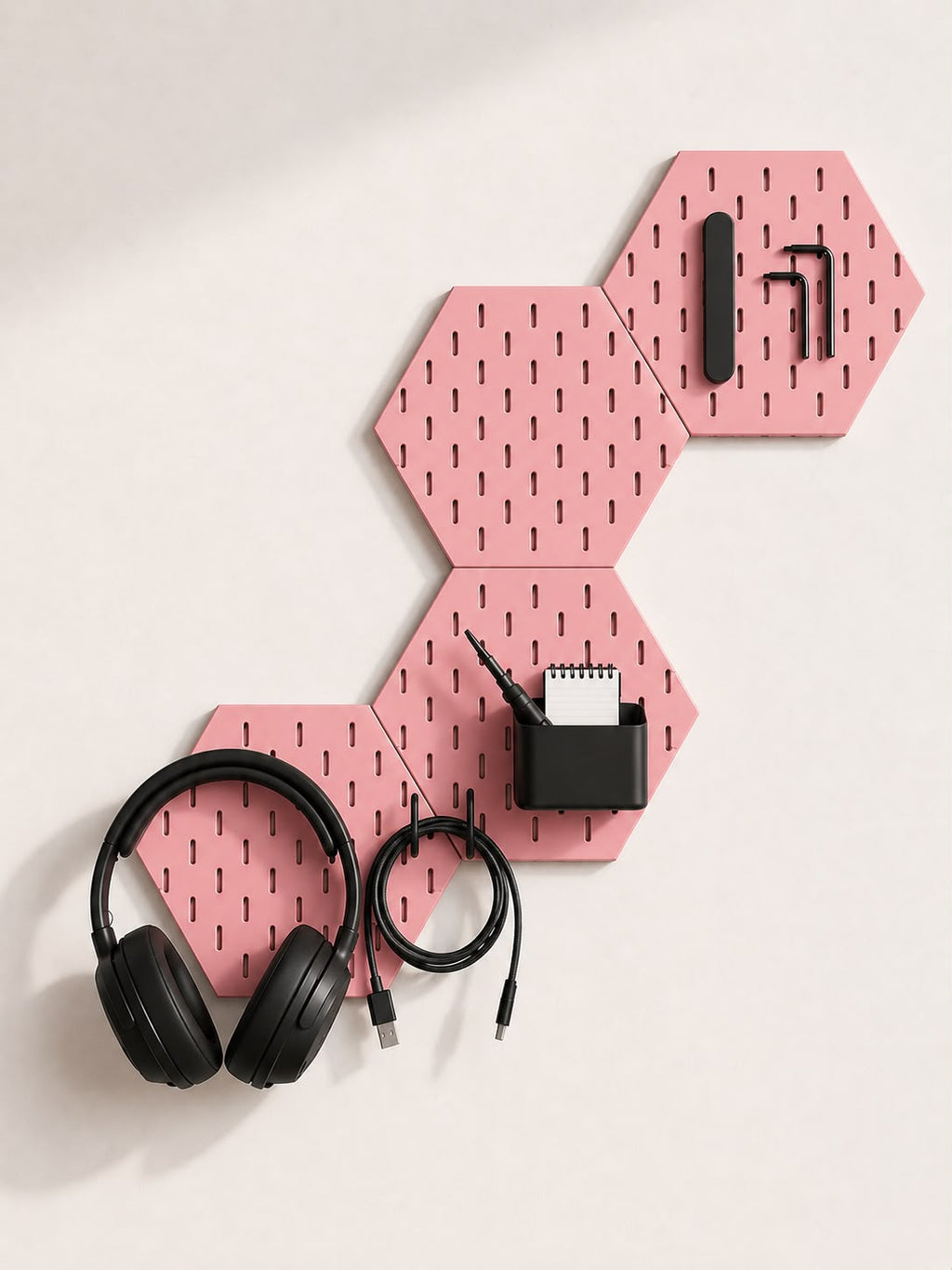 Modular Hexagon Pegboard Desk Organizer Set with Free Controller Hook & Headphone Holder | 3D Printed Workspace Organizer