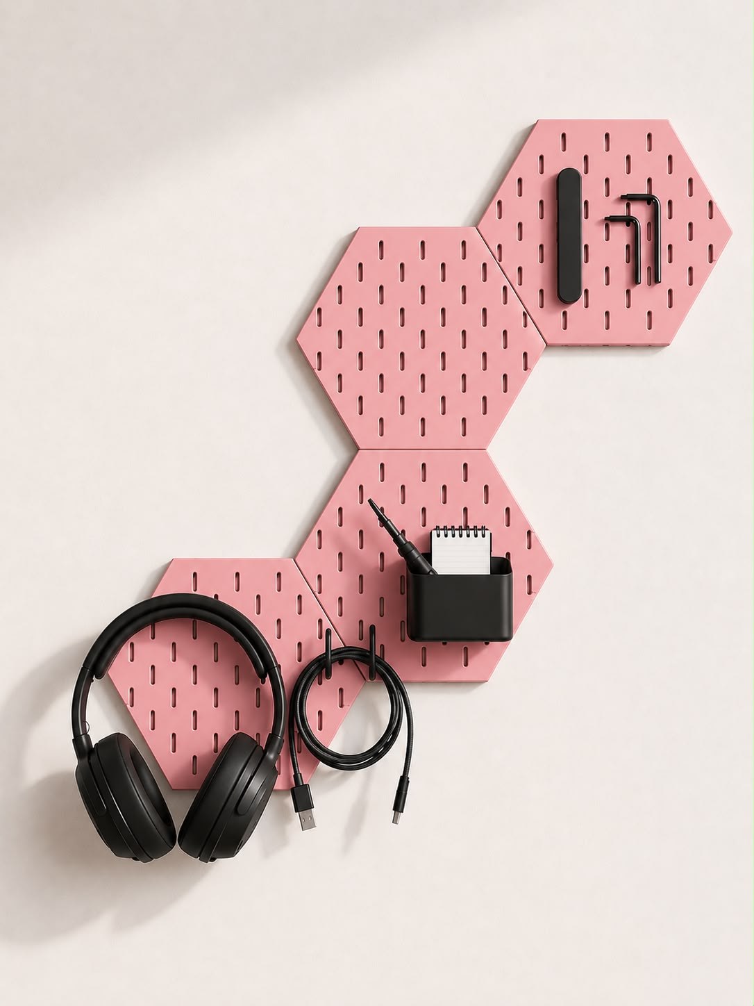 Modular Hexagon Pegboard Desk Organizer Set with Free Controller Hook & Headphone Holder | 3D Printed Workspace Organizer