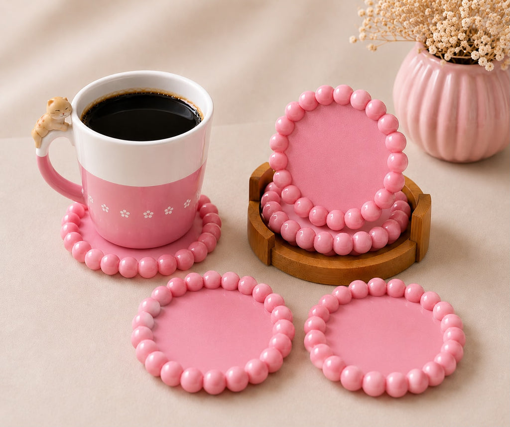 Decorative Beaded Coaster Set with Holder | Modern Drink Coasters for Coffee Table and desk