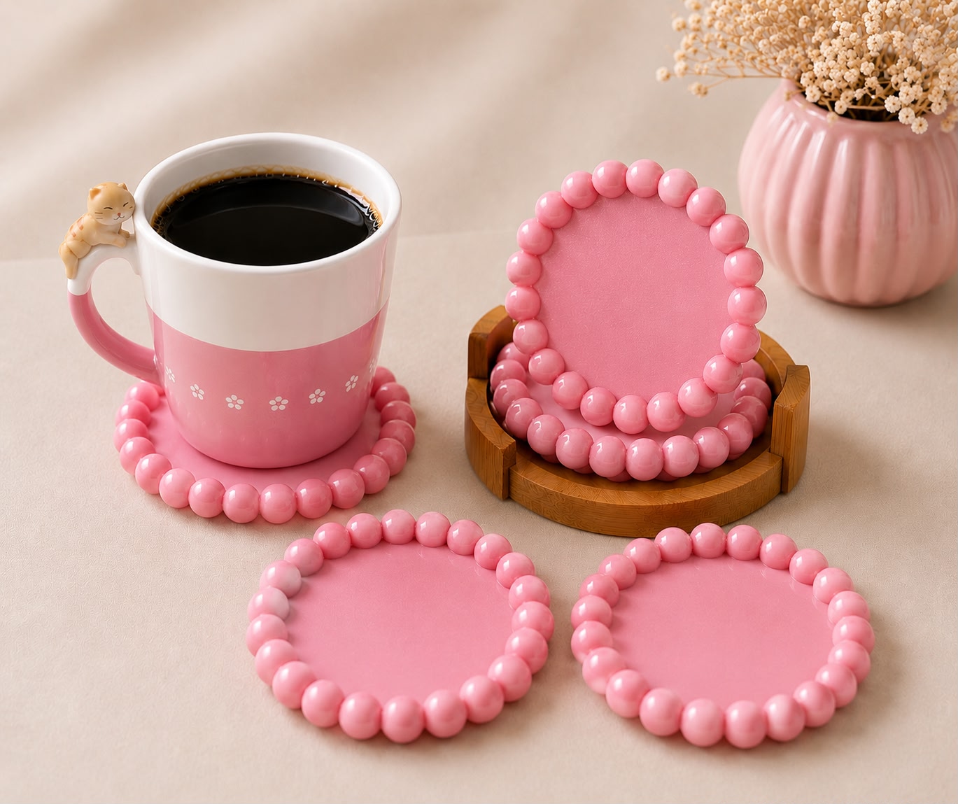 Decorative Beaded Coaster Set with Holder | Modern Drink Coasters for Coffee Table and desk