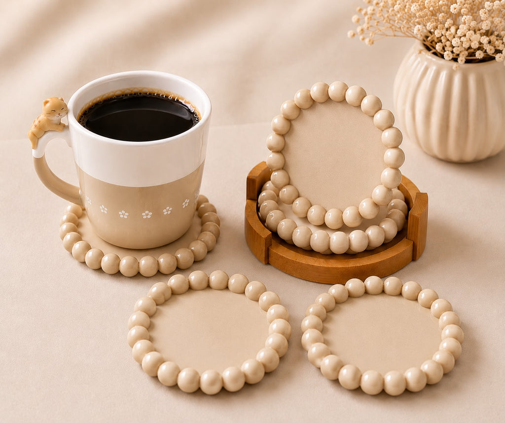 Decorative Beaded Coaster Set with Holder | Modern Drink Coasters for Coffee Table and desk