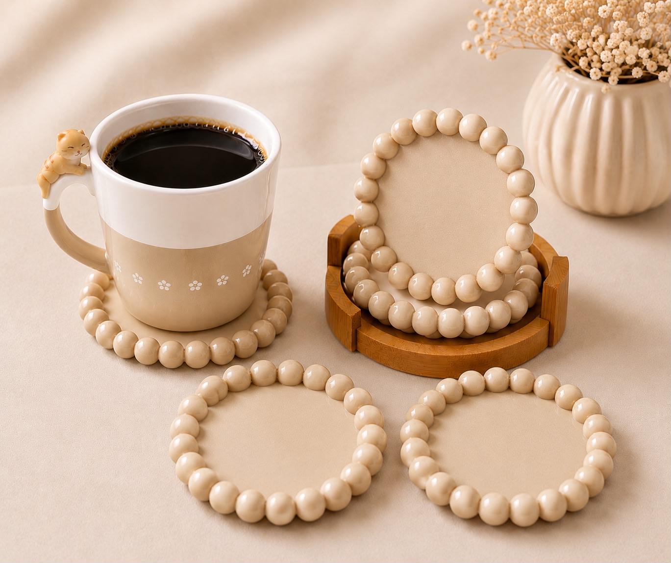 Decorative Beaded Coaster Set with Holder | Modern Drink Coasters for Coffee Table and desk