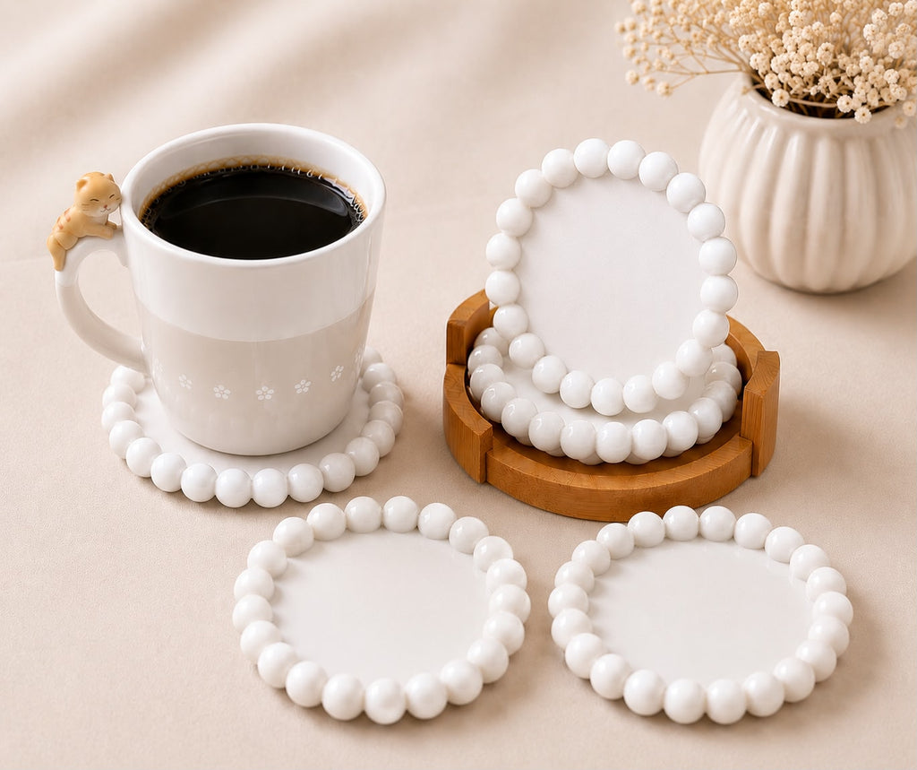 Decorative Beaded Coaster Set with Holder | Modern Drink Coasters for Coffee Table and desk
