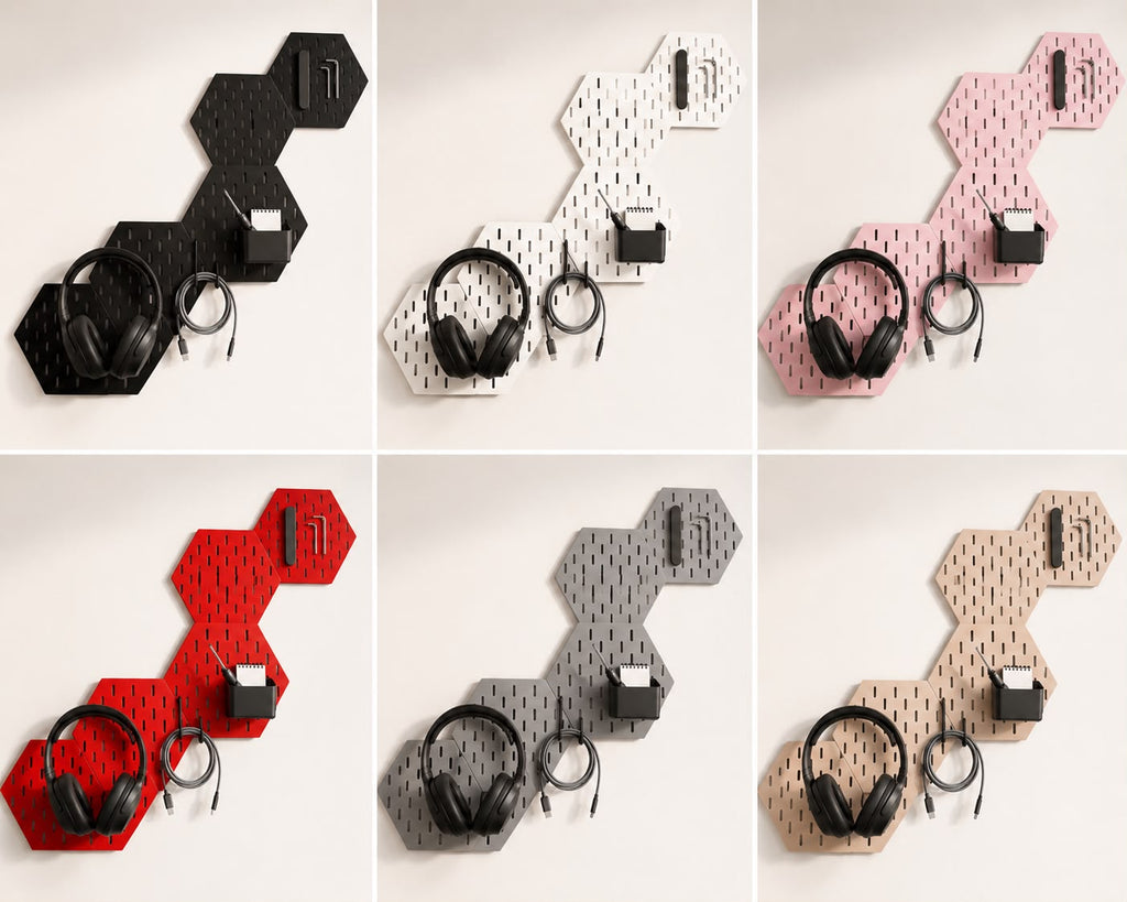 Modular Hexagon Pegboard Desk Organizer Set with Free Controller Hook & Headphone Holder | 3D Printed Workspace Organizer